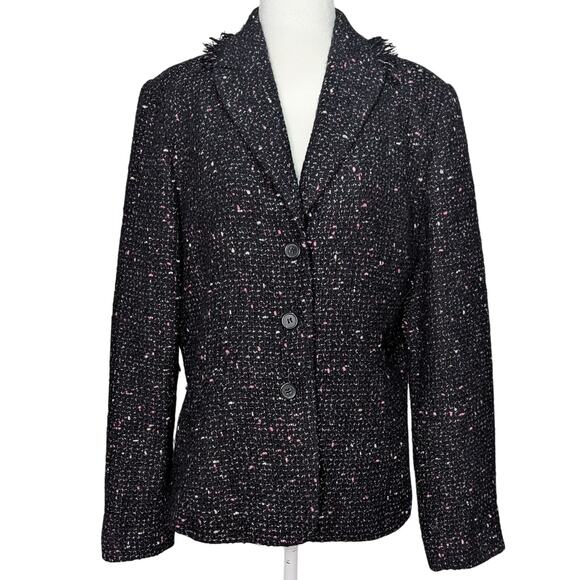 Apostrophe Black & Pink Wool Blend Tweed Fringed Collar Button Up Blazer Size 14 - Picture 1 of 8